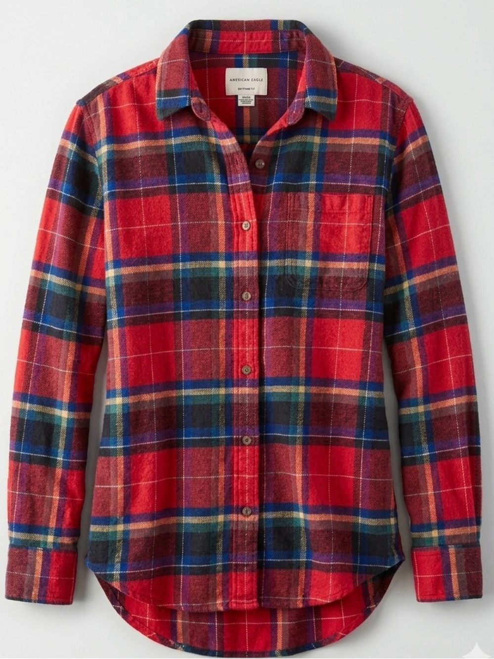 Cabincore American Eagle Red Plaid Flannel Button Down Shirt Boyfriend Fit Small